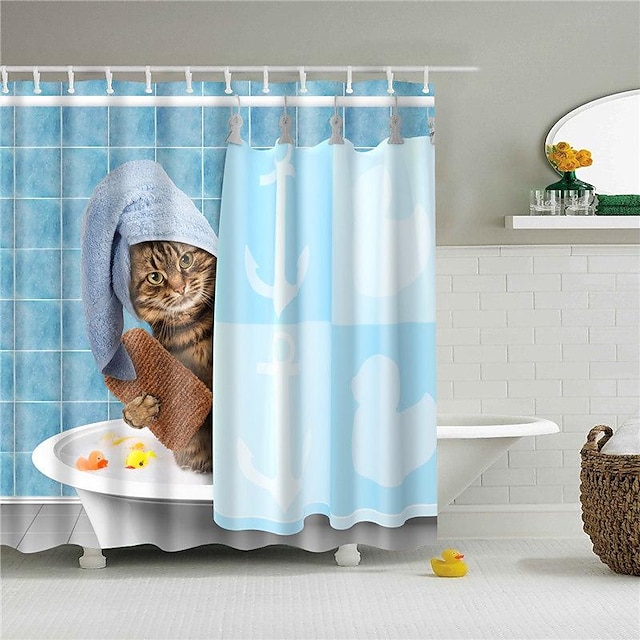  וילון מקלחת לחתול, וילונות מקלחת לאמבטיה, הדפסת תלת מימד רחיץ בד עמיד למים בד צמח עלה וילון מקלחת עם 12 ווים