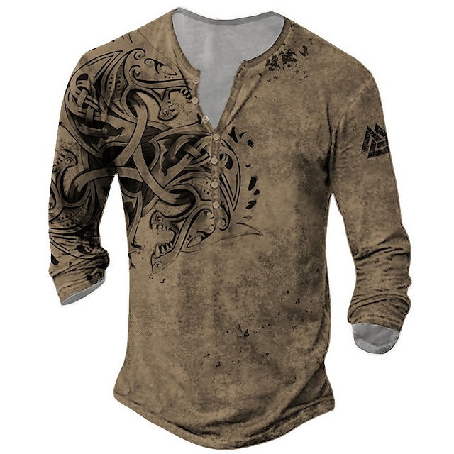  Męskie Koszula Henley Koszulki Graficzny Wiking Henley Odzież Druk 3D Na zewnątrz Codzienny Długi rękaw Przycisk w dół Nadruk Moda Designerskie Elegancki Zabytkowe