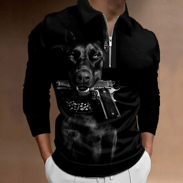 Men's Dog Zip Polo Shirts Golf Shirt Long Sleeve Polo Shirts Collared ...