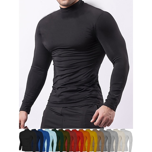  Men's Compression Shirt Running Shirt Long Sleeve Base Layer Athletic Athleisure Winter High Neck Cotton Breathable Quick Dry Sweat wicking Running Jogging Training Sportswear Activewear Solid Colored