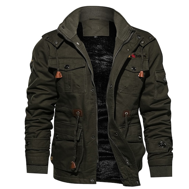  Men's Winter Jacket Winter Coat Work Jacket Outdoor Street Windproof Warm Drawstring Winter Solid Colored Fashion Keep Warm Stand Collar Regular Cotton Fleece Black Army Green Khaki Jacket