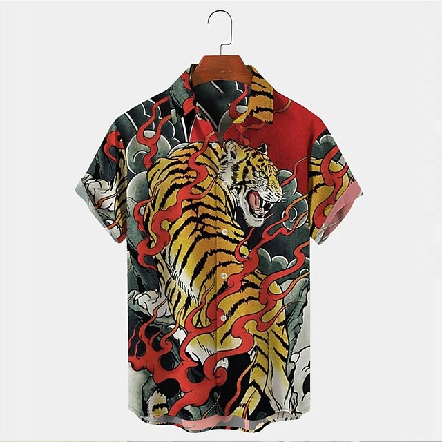 Men's Animal Tiger Shirt Summer Hawaiian Shirt Aloha Shirt Short Sleeves Shirt Turndown Tropical Fashion Hawaiian Outdoor Street Hawaiian Red S M L2