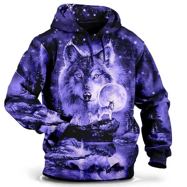 Double Raglan Sleeve Hooded Top With Wolves Print