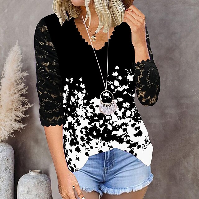 Women's Shirt Blouse Black White Red Floral Lace Print Long Sleeve ...