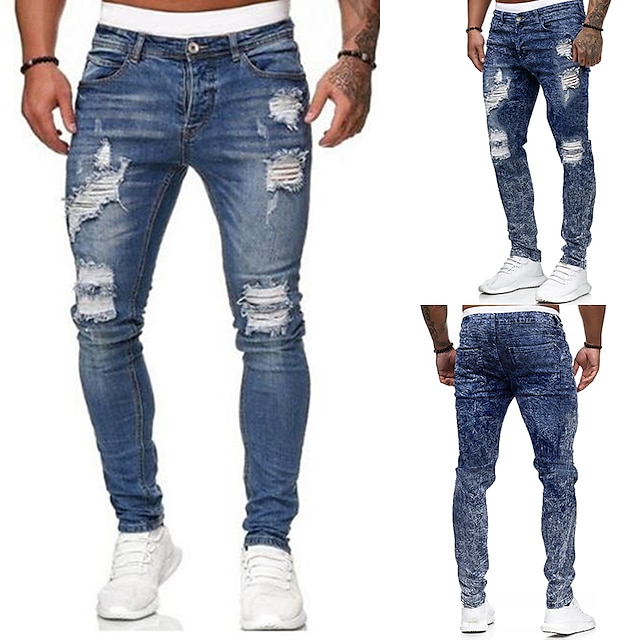  Men's Jeans Skinny Trousers Ripped Jeans Denim Pants Pocket Ripped Solid Color Comfort Full Length Daily Sports Denim Streetwear Stylish Light Blue Micro-elastic
