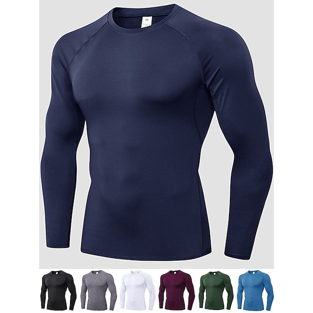  Men's Compression Shirt Running Shirt Long Sleeve Base Layer Athletic Summer Spandex Breathable Moisture Wicking Soft Fitness Gym Workout Running Sportswear Activewear Solid Colored Black+White+Navy