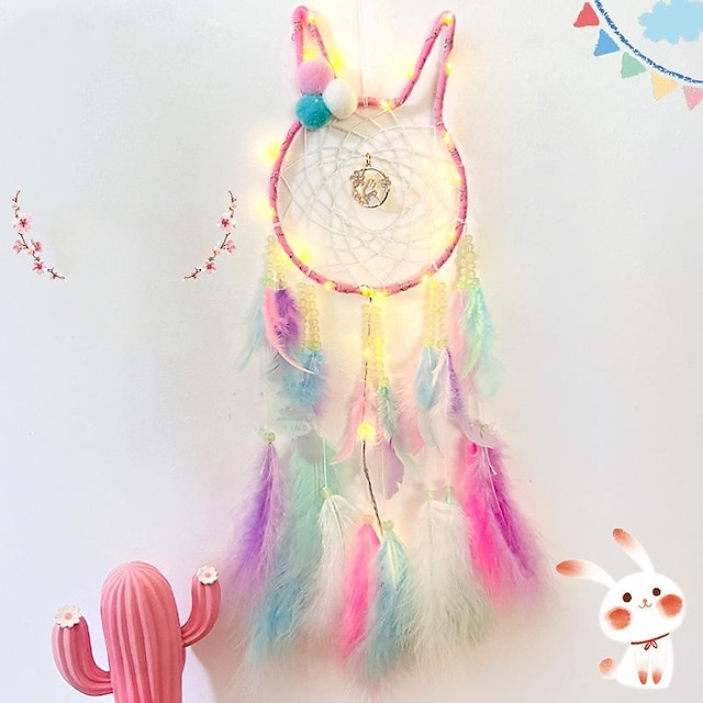  Rabbit Dream Catcher Handmade Gift with Colorful Feather Hook Flower Wind Chime Ornament Wall Hanging Decor Art Boho Style 19x62cm/7.48''x24.4''