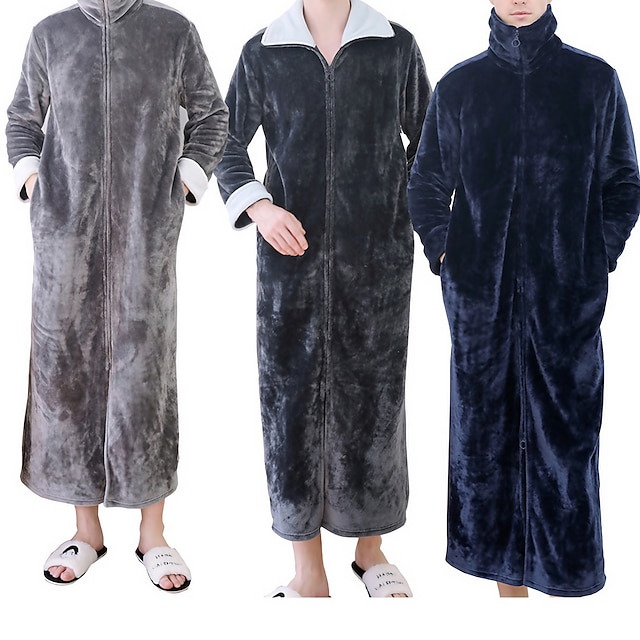  Homens Tamanho Grande Pijamas manto Roupões de banho Robes Cor imaculada à moda Casual Conforto Casa Diário Flanela Conforto Quente Long Robe Bolsos Inverno Outono Azul Marinha Roxo