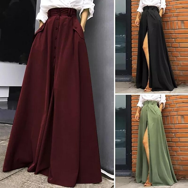  Women's Work Skirts Long Skirt Maxi Satin Black Wine Green Skirts Pocket Long Casual Daily S M L