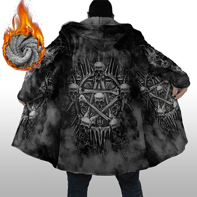 Men's Winter Coat Fleece Jacket Coat Sports & Outdoor Daily Wear Warm Breathable Zipper Pocket Fall & Winter Skull Graphic Prints Fashion Streetwear Hoodie Long Regular Fit Black Jacket3