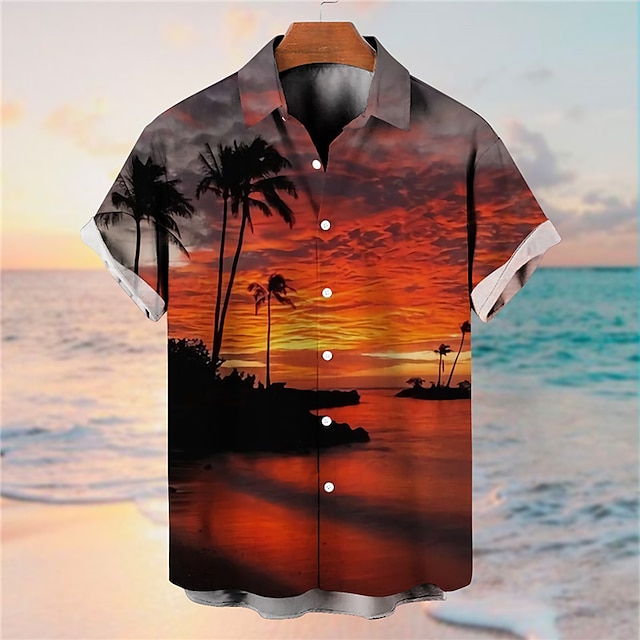  Herren Hemd Kokosnussbaum Grafik-Drucke Sonnenuntergang Umlegekragen Gelb Orange 3D-Druck Strasse Täglich Kurze Ärmel Bedruckt Button-Down Bekleidung Tropisch Modisch Hawaiianisch Designer