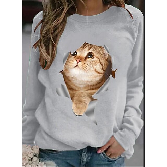 Women's Hoodie Sweatshirt Cute Party Sportswear Grey Cat Casual Long Sleeve Round Neck