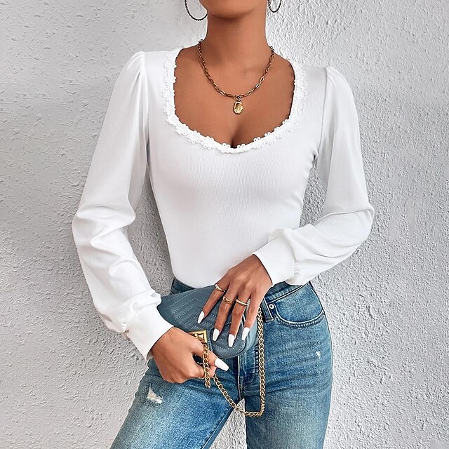  Women's Shirt Blouse White Crochet Plain Casual Long Sleeve Square Neck Basic Regular S