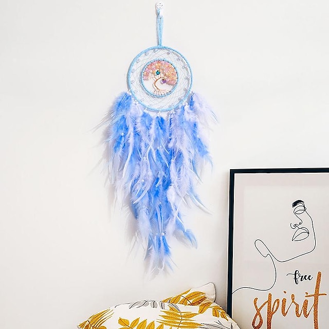  Life of Tree Blue Dream Catcher Handmade Gift Feather Hook Flower Wind Chime Ornament Wall Hanging Decor Art Boho Style 16x60cm/6.3''x24''