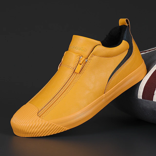 Men's Yellow Leather Slip-On Sneakers with Zipper Closure for Casual Wear 8