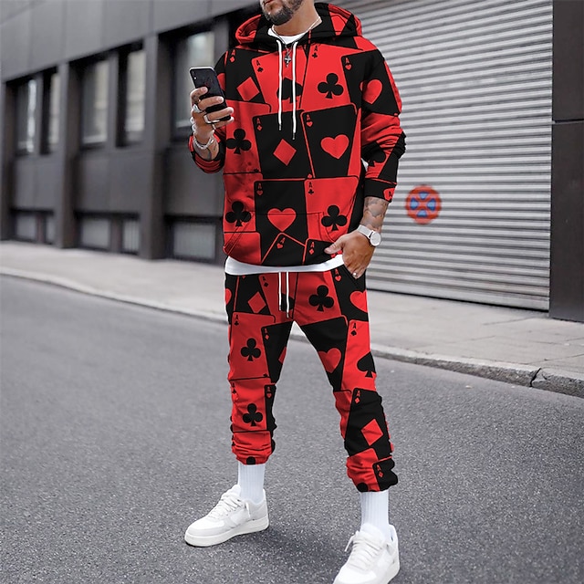  Men's Tracksuit Hoodies Set Black And White Light Yellow Red+Gray White Yellow Hooded Graphic Poker 2 Piece Print Sports & Outdoor Casual Sports 3D Print Streetwear Designer Basic Spring Fall