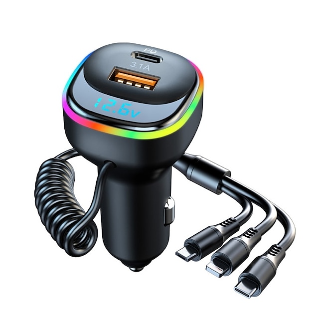  K2 Multi-functional Car Charger Display 12-24V PD65W QC3.0 Quick Charge 3-in-1 Spring Fast Charging Cable