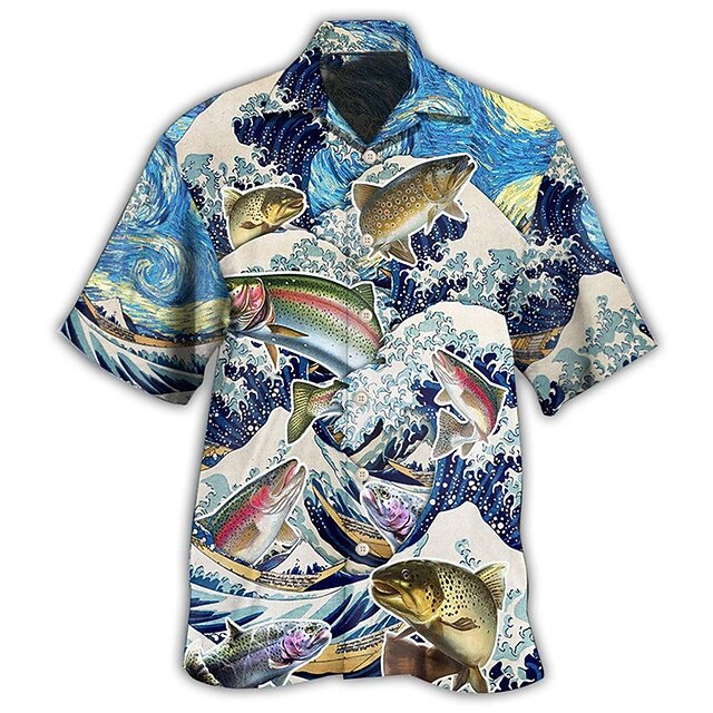 Men's Waves Graphic Prints Fish Shirt Summer Hawaiian Shirt Short Sleeve Shirt Turndown Casual Hawaiian Blue Print Button-Down Clothing Apparel Tropical Fashion Hawaiian Soft4
