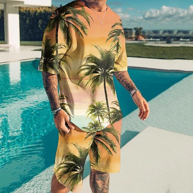 Men's Shorts and T Shirt Set TShirt Outfits Graphic Coconut Tree Crew