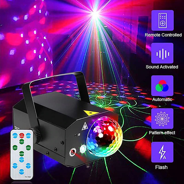 16 Patterns La-ser Projector RGB Stage Light Disco LED Magic Ball Party Lights Souns Active Music Center Strobe Lamp with Remote 12
