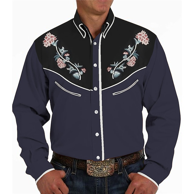 Men's Shirt Western Shirt Floral Graphic Prints Turndown Wine Navy Blue ...