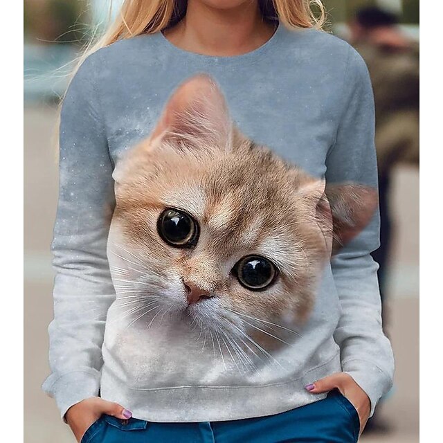  Women's T shirt Tee Yellow Pink Blue Print Cat 3D Daily Weekend Long Sleeve Round Neck Basic Regular 3D Cat Painting S