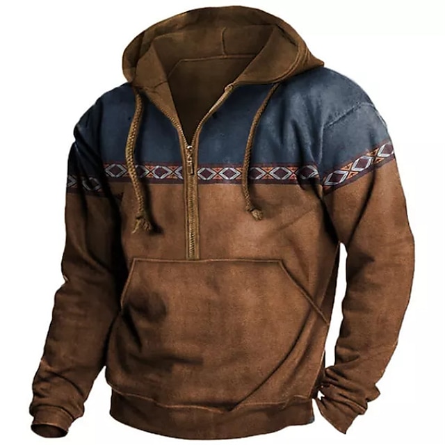  Voor heren Hoodies met rits Stoppen Verontruste hoodie blauw Paars Bruin Groen Donkergrijs Capuchon Kleurenblok Bohémien-stijl Grafische prints Halve rits Voorvak Dagelijks Feestdagen Uitgaan