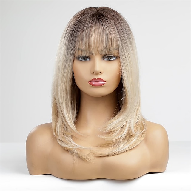 Dark Brown Wigs For Women Blonde Highlights Wig Natural Looking Short Wavy Bob Wig With Bangs 8199