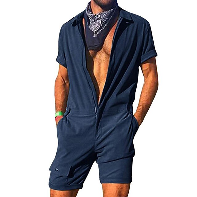 Men's Jumpsuit Casual Shorts Zipper Pocket Plain Comfort Casual Daily ...