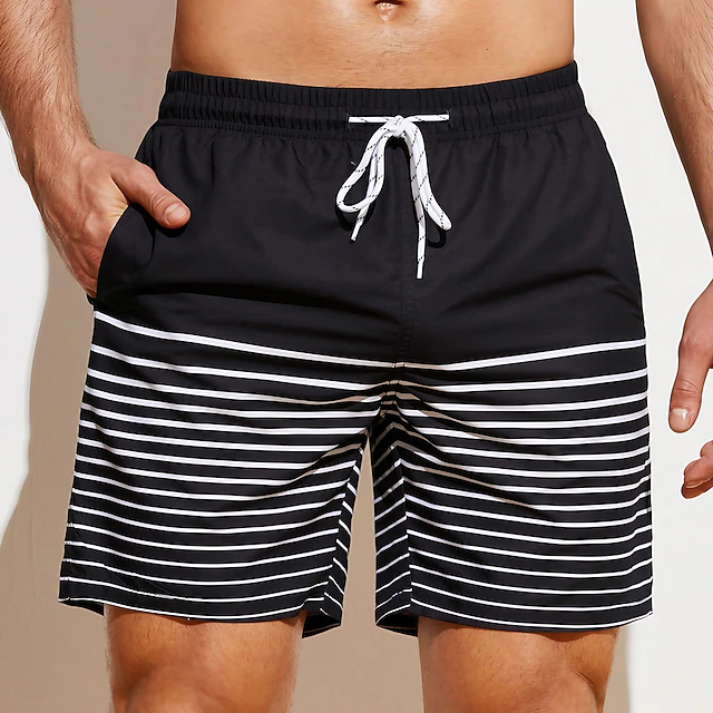 Men's Board Shorts Swim Shorts Swim Trunks Summer Shorts Beach Shorts Drawstring Elastic Waist 3D Print Graphic Stripe Breathable Soft Short Casual Daily Holiday Streetwear Hawaiian Black 5