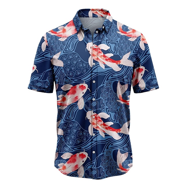  Men's Koi Shirt Summer Hawaiian Shirt Aloha Shirt Short Sleeves Shirt Turndown Tropical Fashion Hawaiian Street Casual Hawaiian Blue S M L