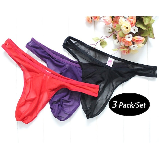 Men's 3 Pack Thongs Thong Underwear Sexy Panties G-string Underwear String Mesh Mesh Solid Colored Low Waist Black Red