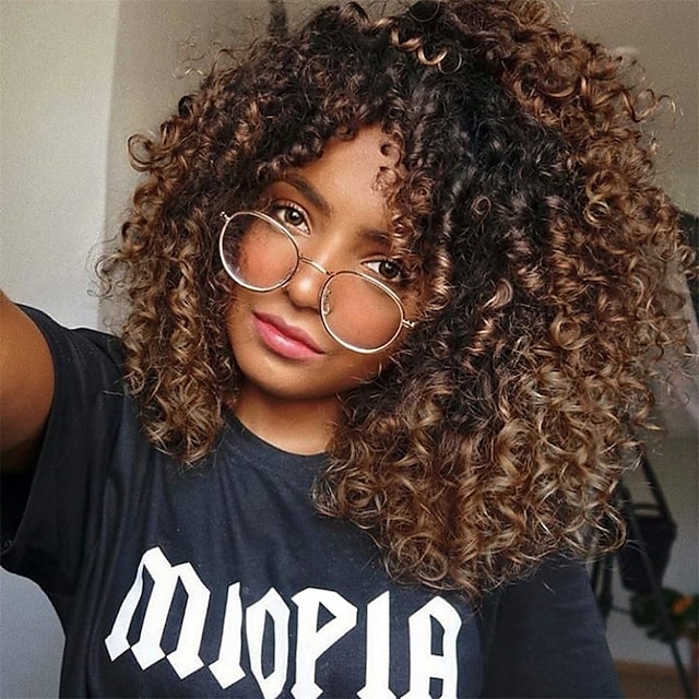  Curly Wigs for Black Women - Kinky Afro Curly Wig with Bangs 2 Tone Blonde Mixed Brown Color Synthetic Heat Resistant Full Wigs Christmas Party Wigs