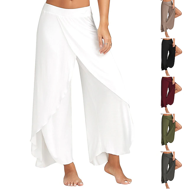 Women's Culottes Wide Leg Wide Leg Chinos Basic Casual / Sporty Mid Waist Letter Ruffle Layered Split Stretchy Yoga Casual Daily Black White Wine Army Green Summer Spring & Fall Loose Fit 18
