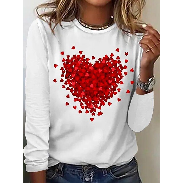  Women's T shirt Tee Black White Pink Print Heart Valentine Weekend Long Sleeve Round Neck Basic Regular Painting S