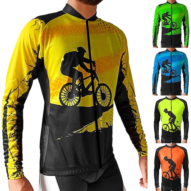  21Grams Men's Cycling Jersey Long Sleeve Bike Jersey Top with 3 Rear Pockets Mountain Bike MTB Road Bike Cycling Breathable Moisture Wicking Quick Dry Reflective Strips Yellow Blue Orange Graphic