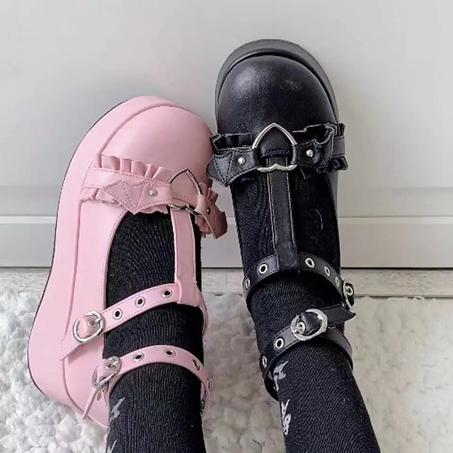  Women's Shoes Round-Toe Mary Jane Shoes Gothic Lolita Punk & Gothic Ankle Buckle Chunky Heel Shoes Lolita Black Pink PU Leather