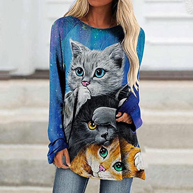  Women's T shirt Dress Black White Blue Print Cat Casual Daily Long Sleeve Round Neck Basic Boho Long S