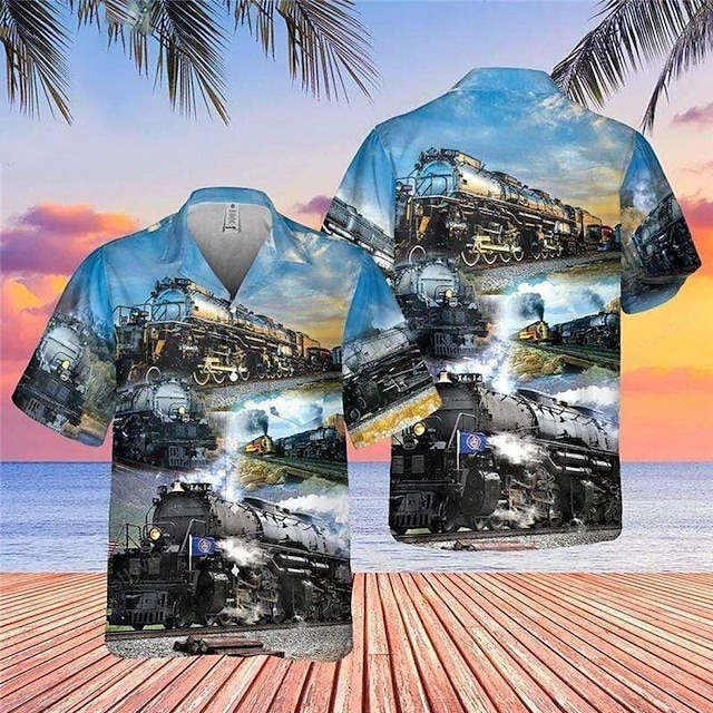  Men's Shirt Summer Hawaiian Shirt Graphic Prints Train Turndown Blue Casual Holiday Short Sleeve Button-Down Print Clothing Apparel Tropical Fashion Hawaiian Soft
