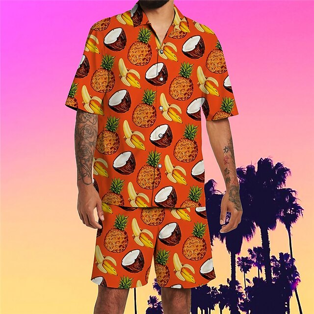 Men's Fruit Pineapple Watermelon 2pcs Shirts Sets Summer Hawaiian Shirt Short Sleeve Short Pants Turndown Tropical Fashion Hawaiian Street Casual Hawaiian Print Summer Spring White Orange3