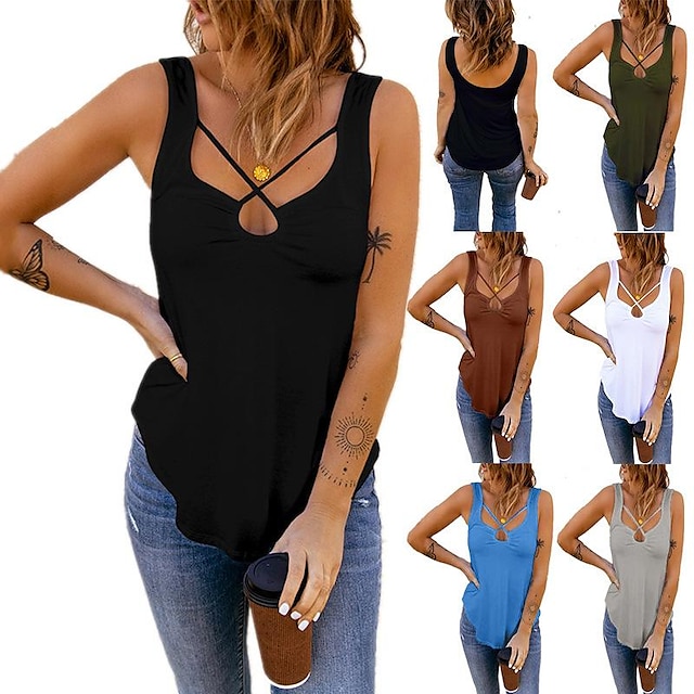  Women's Tank Patchwork Classic Solid / Plain Color V Neck Summer Regular Black White Blue Army Green Dark Coffee