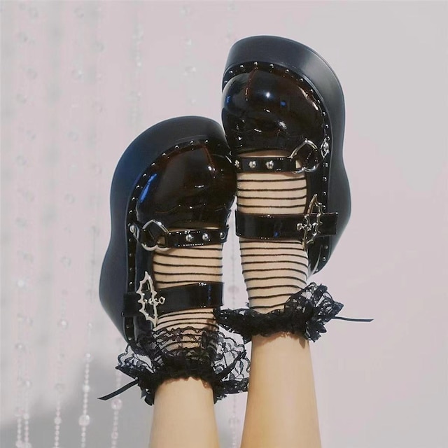  Mujer Zapatos punta redonda Zapatos Mary Jane Punk lolita Punk y gótico Tacón Cuadrado Zapatos Lolita Negro Cuero de PU