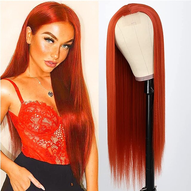 Red Orange Hair Wig Long Straight Hair Wigs Glueless Heat Resistant