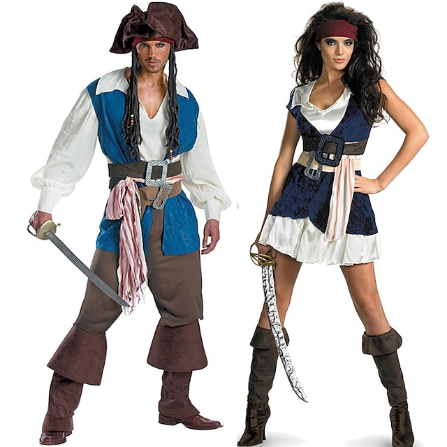  Pirates of the Caribbean Cosplay kostyme Pars kostymer Herre Dame Film-Cosplay Cosplay Blå Trøye Kjole Bukser Karneval Maskerade polyester