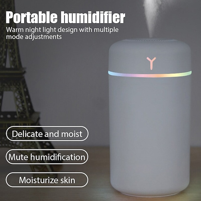  Humidificador de aire portátil de 420ml, humidificador de aceite aromático para el hogar, coche, usb, rociador de niebla fría con luz nocturna suave de colores