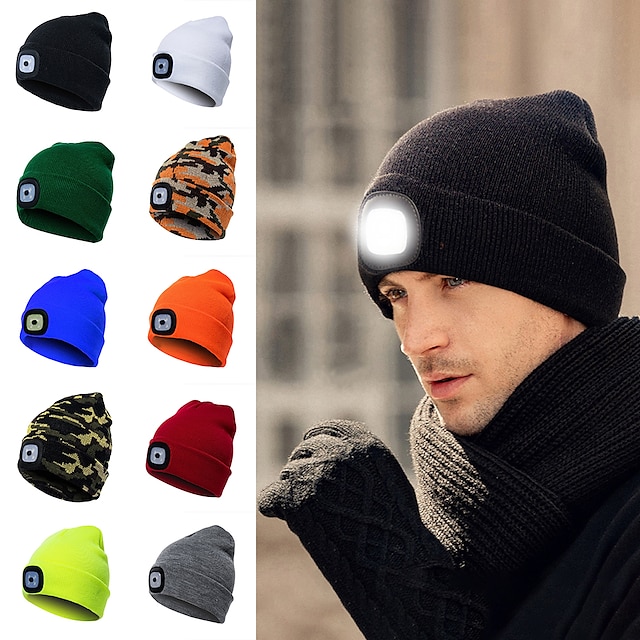  LED Lighted Beanie Cap Hip Hop Men Knit Hat Winter Warm Hunting Camping Running Hat Gifts for Men Women Outdoor Fishing Caps