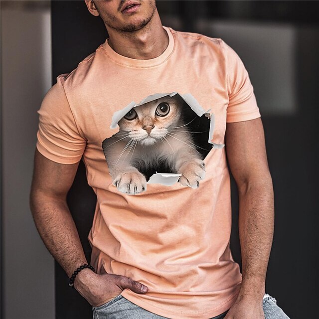Men's Graphic Animal Cat T Shirt Tee Funny T Shirts Short Sleeve T shirt 3D Print Crew Neck Shirt Vintage Fashion Designer Outdoor Casual Daily Blue Orange Gray Spring & Summer Clothing Apparel S M L4