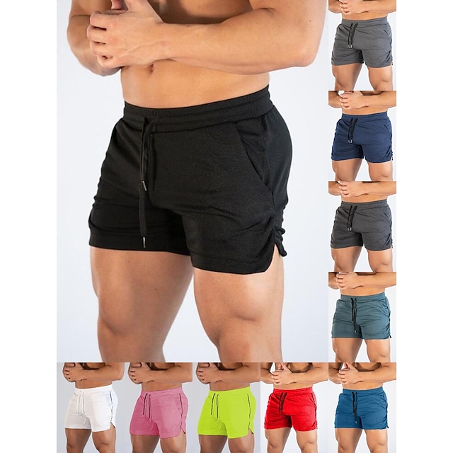  Men's Athletic Shorts Running Shorts Gym Shorts Drawstring Side Pockets Split Solid Colored Breathable Quick Dry Outdoor Athletic Beach Casual Shorts Black White Micro-elastic