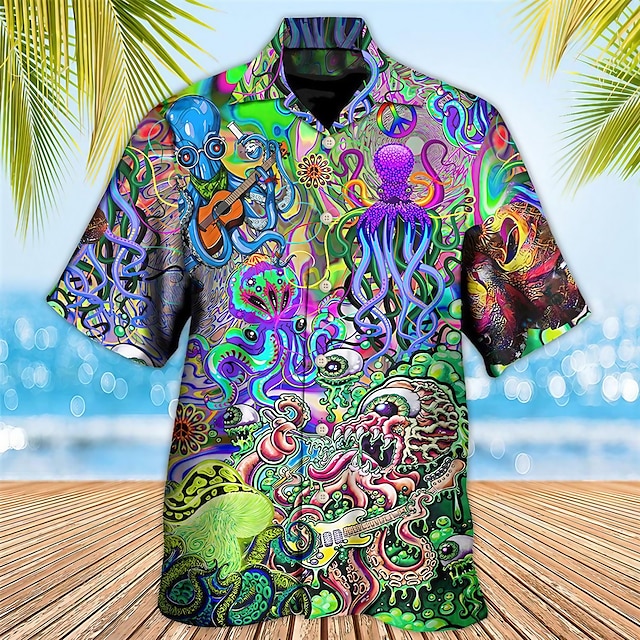  Herr Skjorta Hawaii skjorta Grafiska tryck Guitarr Bläckfisk Nedvikt Gul Rubinrött Purpur Grön Ledigt Hawaiisk Kortärmad Mönster Button-Down Kläder Tropisk Mode Hawaiisk Hippie