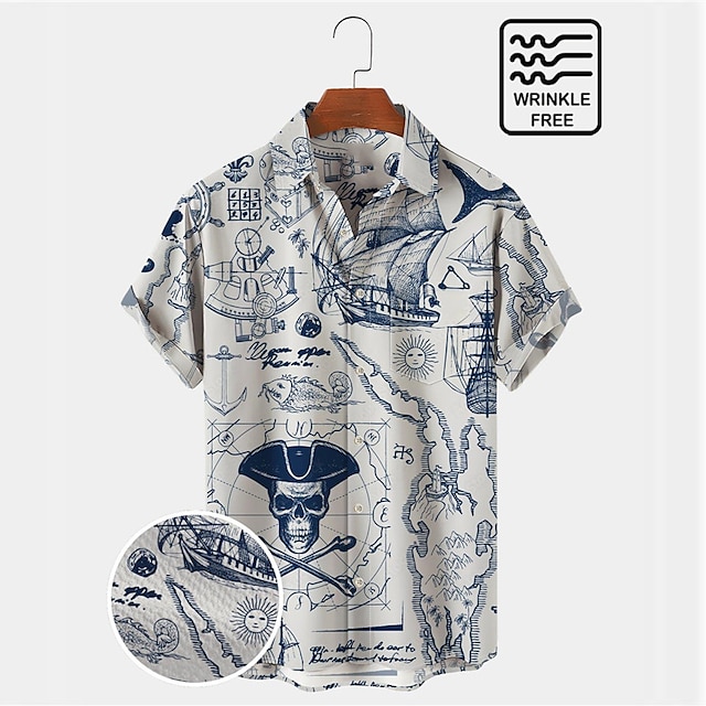  Herren 50er Jahre Vintage Hawaiihemden Seekarte Piratenschiff Totenkopf Seersucker knitterfrei pflegeleicht Aloha Hemden